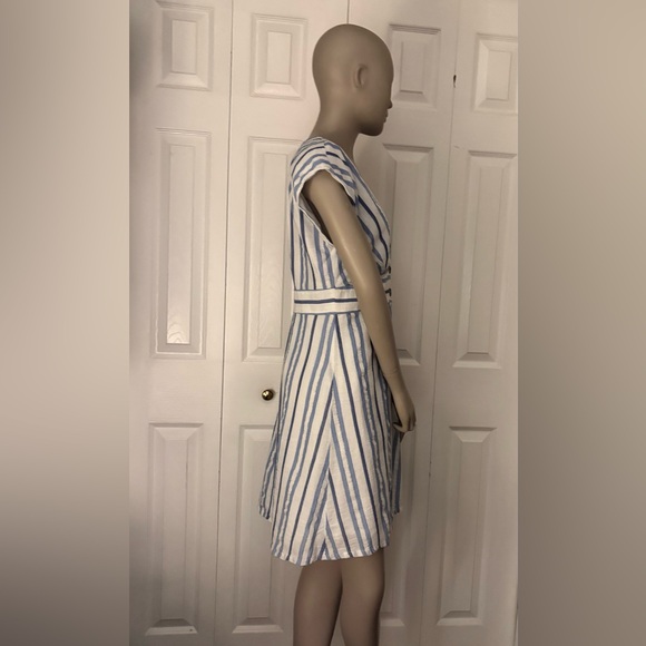 LOFT Blue and White Striped Button-Front V-Neck Dress - Picture 3 of 16